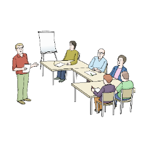 Zeichnung von vier sitzenden Personen und einem stehenden Lehrer