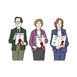 Zeichnung von drei stehenden Personen, die jeweils eine Urkunde in den Händen halten